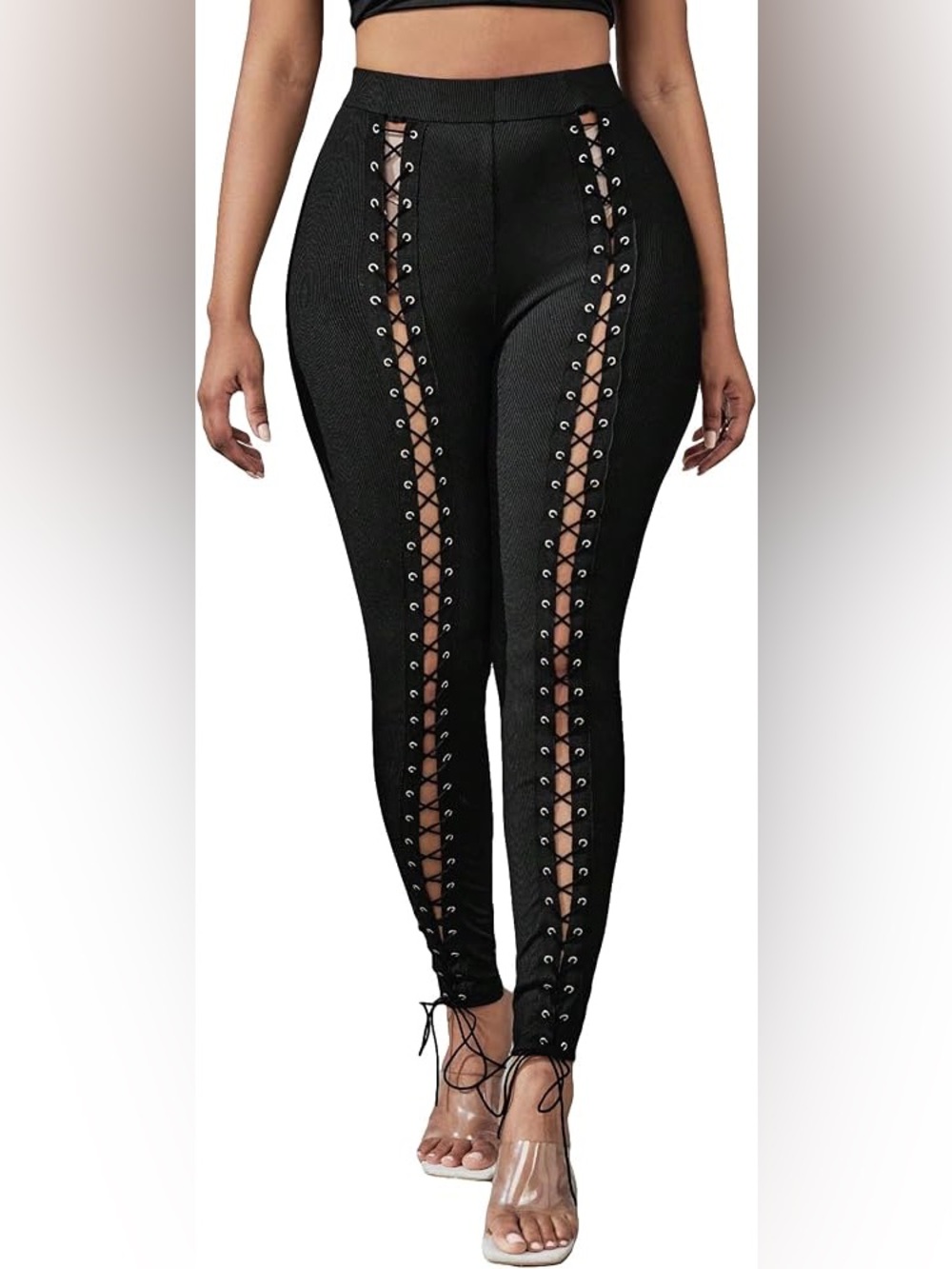 Women's Black Lace-Up High-Waist Leggings